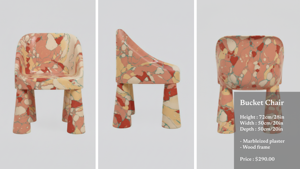 Three views of a bucket chair with a colorful marbled plaster pattern, wooden frame, and dimensions of 72 cm high, 50 cm wide, and 50 cm deep, priced at $290.