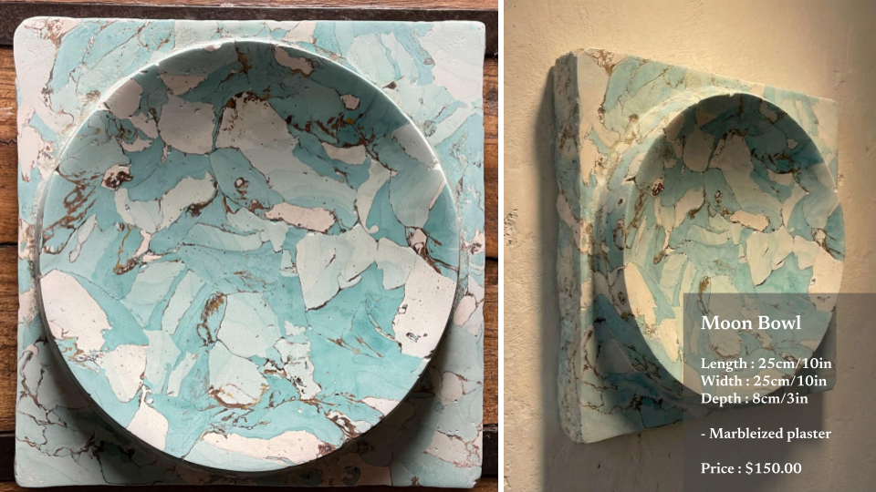 Marbleized plaster moon bowl with a diameter of 10 inches, shown on both a wooden surface and mounted on a wall, priced at $150.