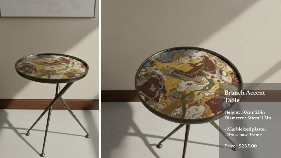A marbled plaster branch accent table with a brass base frame. The table has a round top with a colorful marbleized pattern in shades of yellow, red, green, and white. It stands on three slender legs and is set against a plain wall with a wooden base