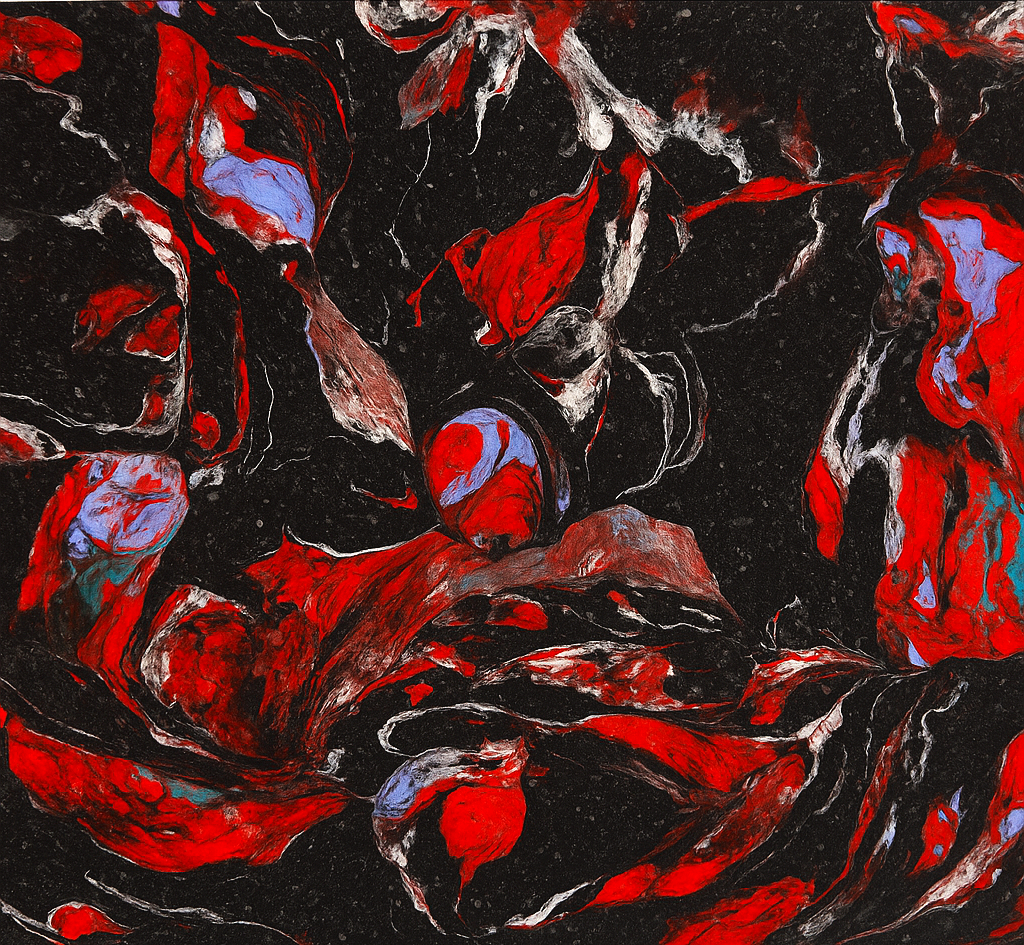 An abstract painting with swirling patterns of red, black, white, and hints of blue.