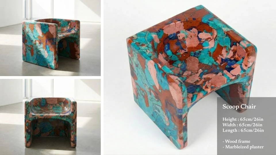 A modern, cube-shaped stool with a colorful, marbled pattern made of wood frame and marbleized plaster, shown from three angles.