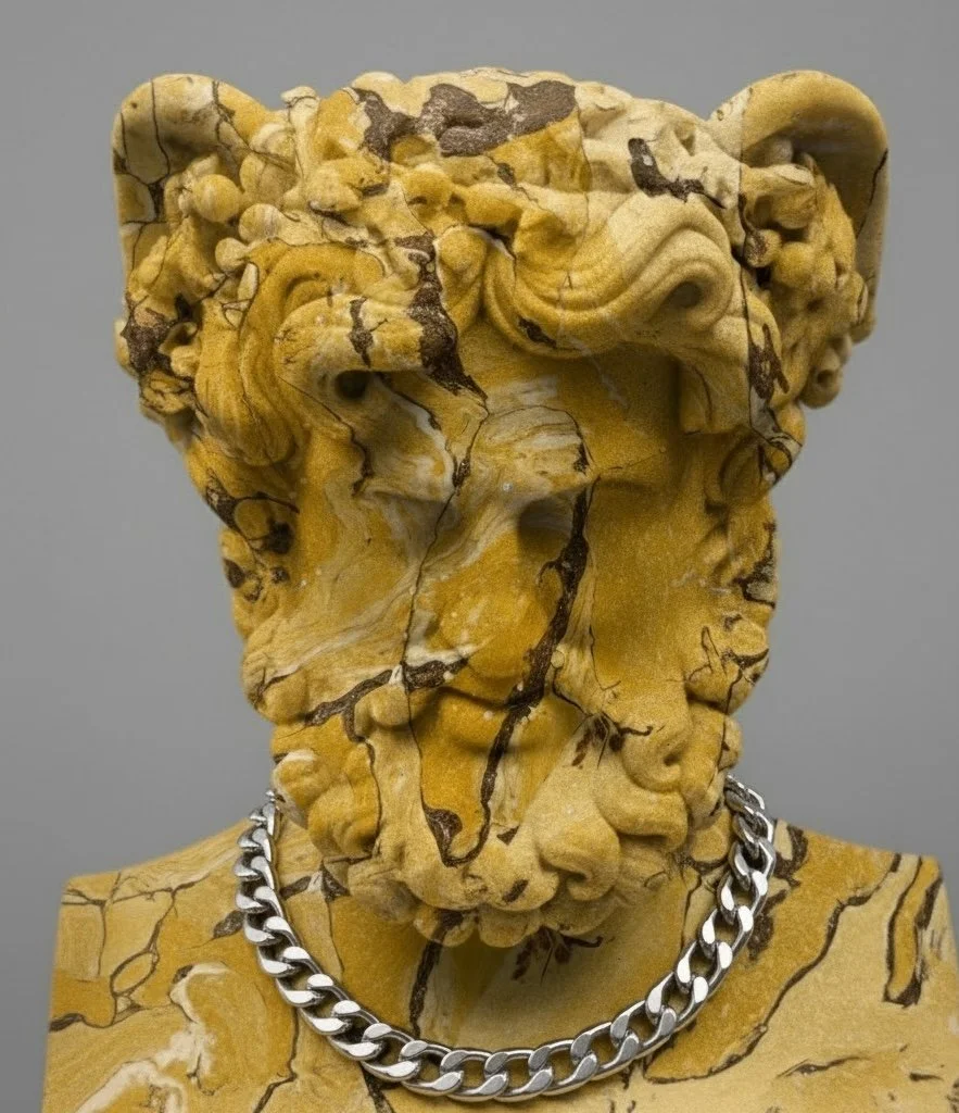 A sculpture of a human head made of yellowish marble with dark veining, wearing a silver chain necklace.