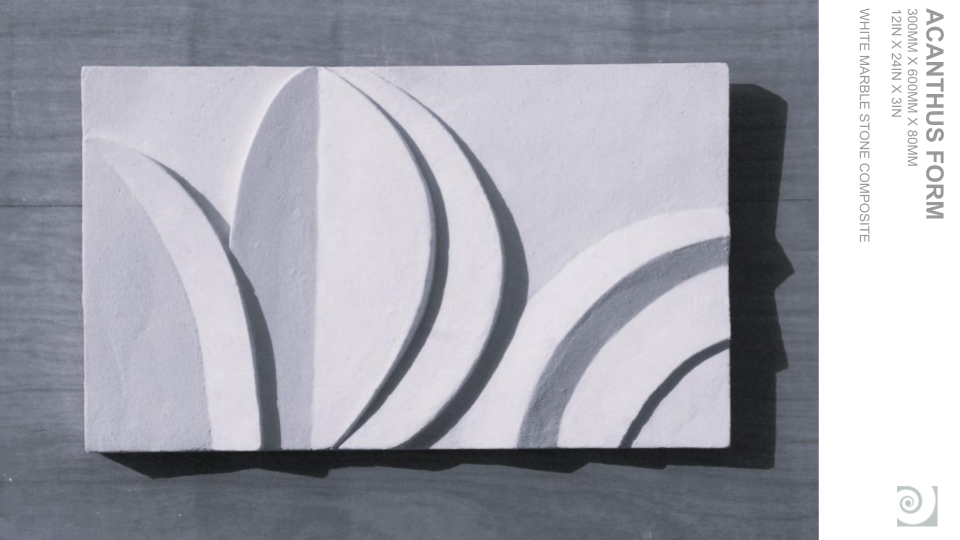 White marble decorative tile with abstract curved line patterns on a gray wooden surface.