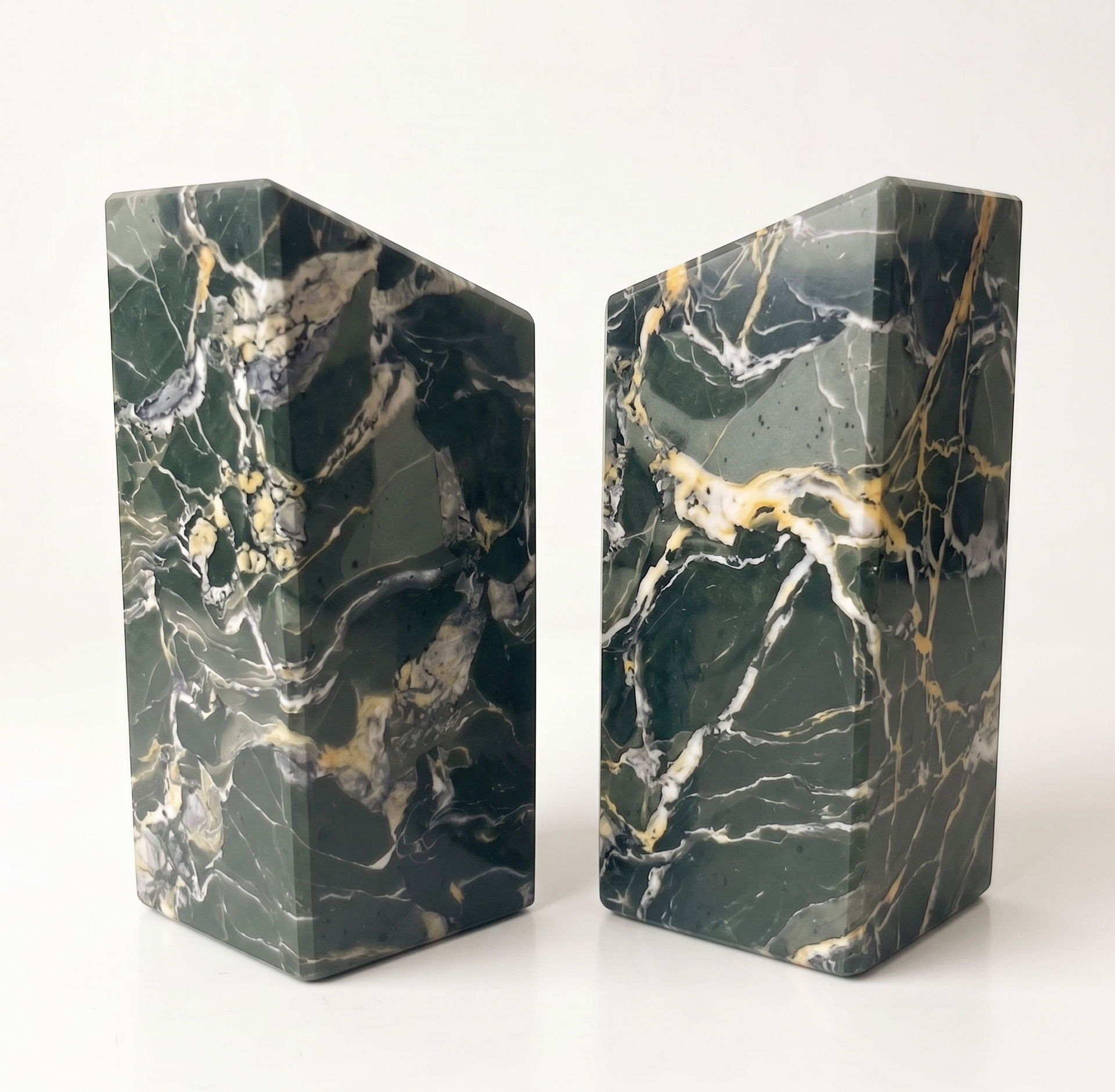 High Green Marbleized Bookends seen at an angle, showing the veined green and cream marbling