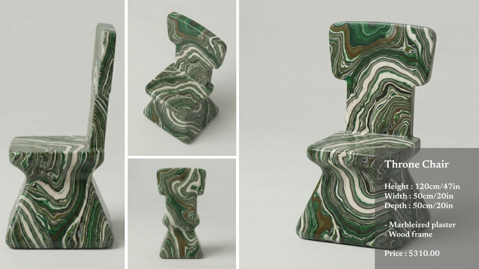 A throne chair made of marbled plaster with a wood frame, featuring a green and white swirling pattern. The chair has a tall backrest, a wide seat, and sturdy base, with dimensions and price listed in the overlay.