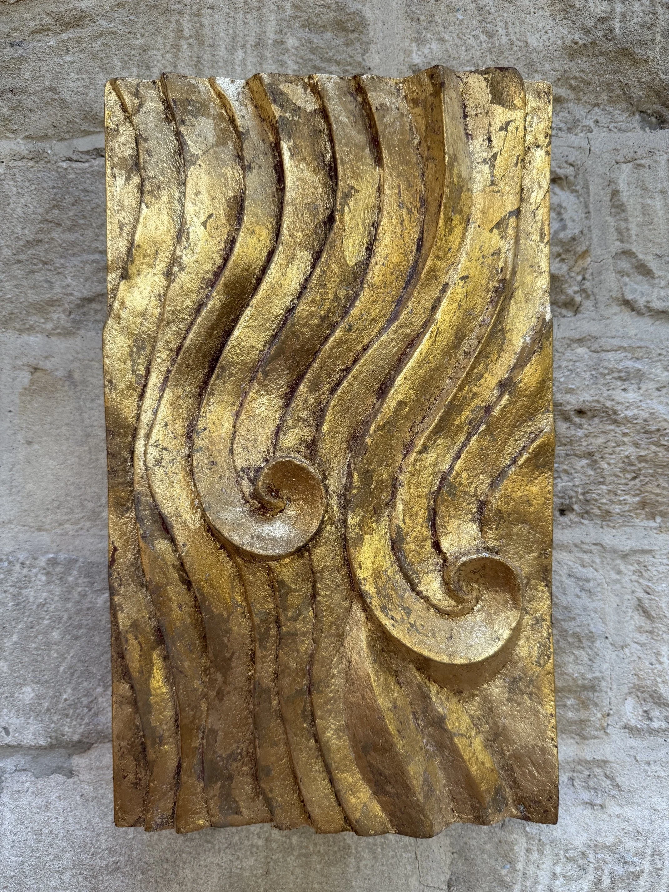 Gold-Leaf Wave Relief Sculpture seen from the side, the gilded spiral scroll at its centre