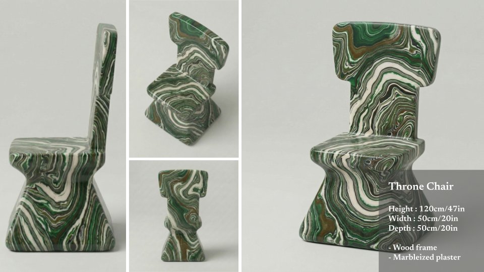 Marbleized plaster throne chair with wood frame, shown from multiple angles.