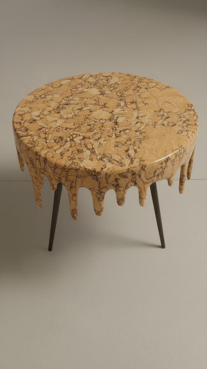 Drip Effect Side Table seen from the side, the drips hanging below the speckled round top
