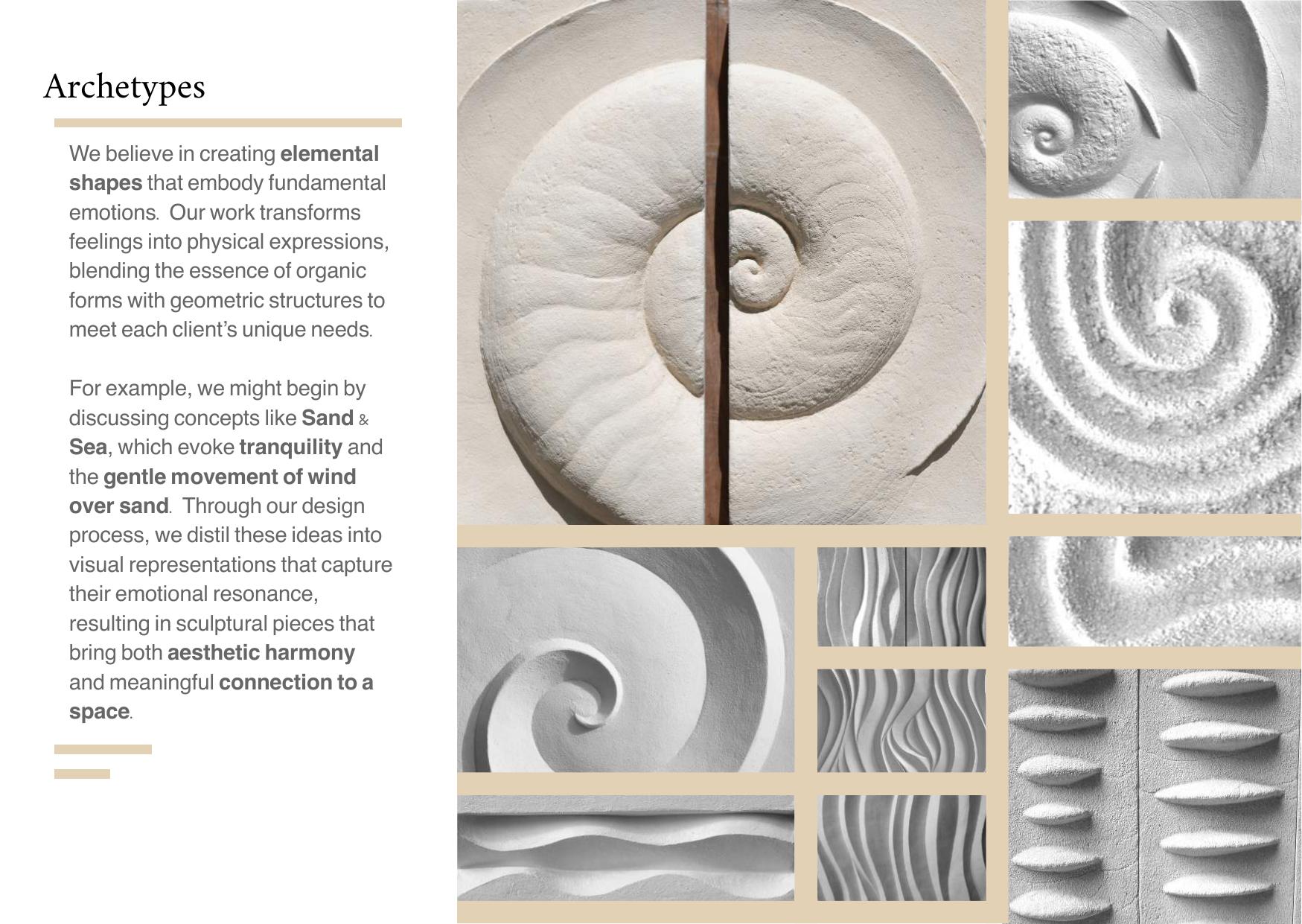 A website page with text about creating elemental shapes and various sculptures inspired by natural forms like shells and sand, accompanied by photographs of sculptures and text describing concepts like sand and sea, tranquility, and harmony.