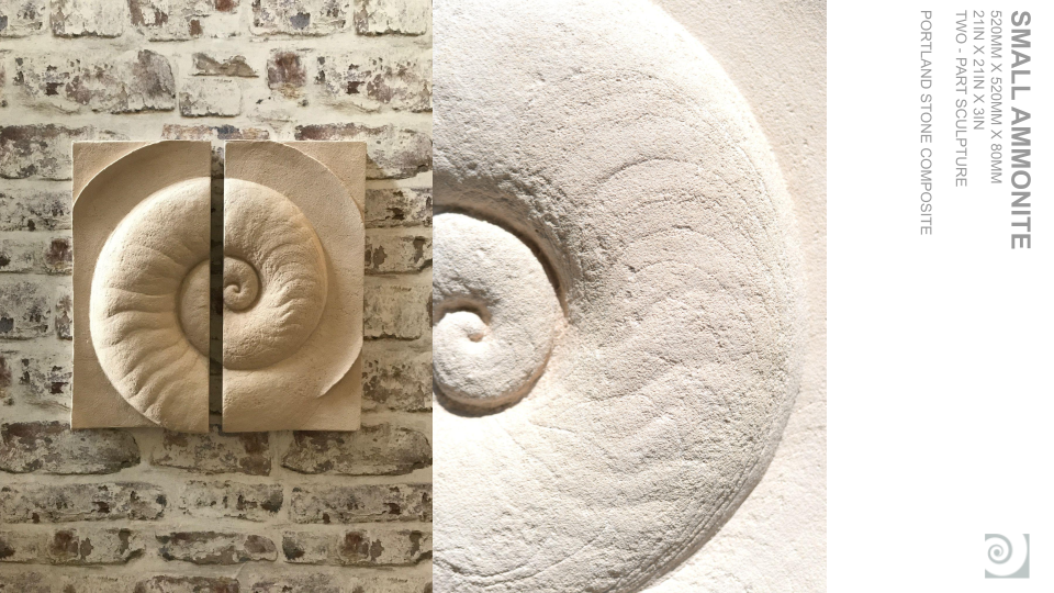 A fossil of a small ammonite shell mounted on a brick wall, with a close-up view of the ammonite fossil on the right.