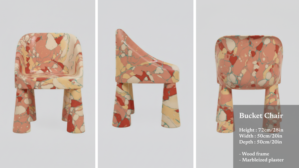 Three view shots of a bucket chair with a marbleized plaster finish in beige, red, and green tones, with details about its dimensions and materials listed.
