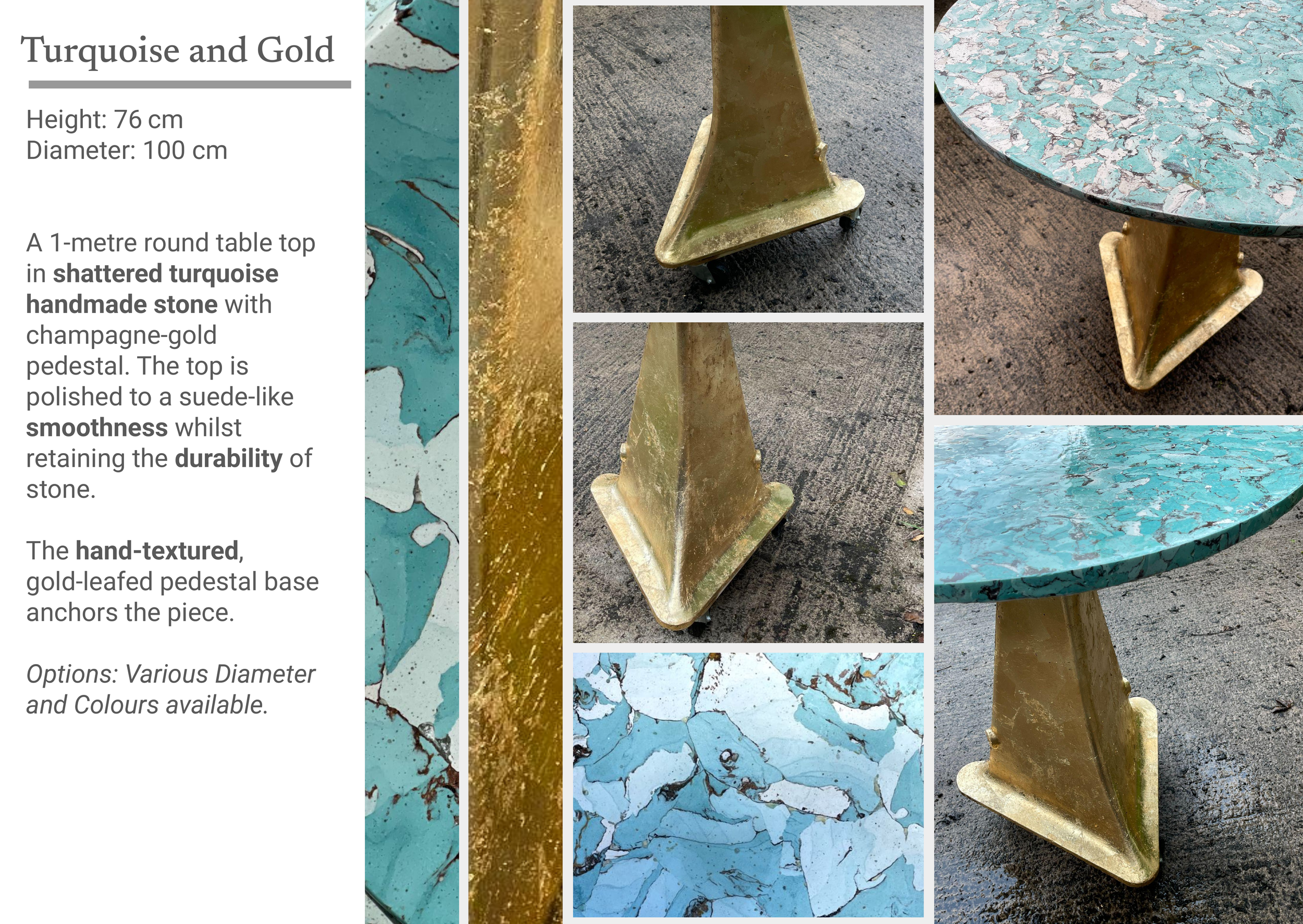 Close-up view of a turquoise and gold marble round table with a terrazzo style surface, supported by a gold-leafed, hand-textured pedestal base with wheels. The table's surface has a cracked, cracked marble appearance and the base is a gold trapezoid