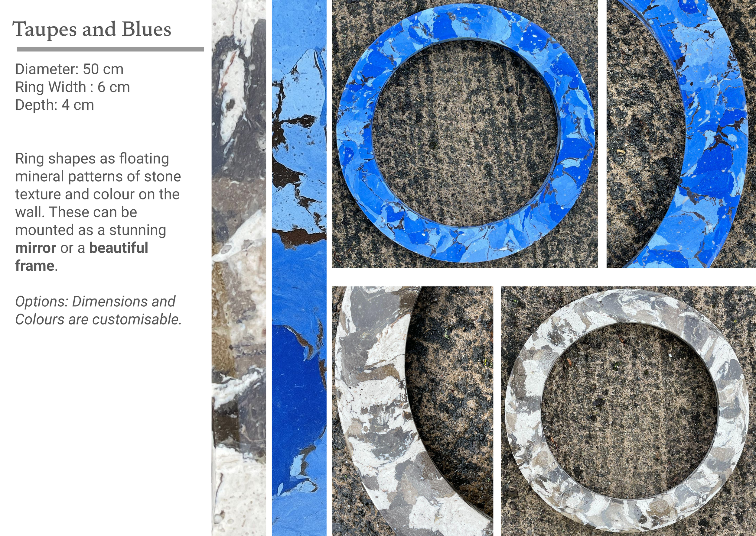 Two decorative stone rings, one in shades of blue and white, and the other in neutral tones, are placed on a rough stone surface. The rings have a marbled, floating mineral pattern, and are described as taupe and blue in the accompanying text.