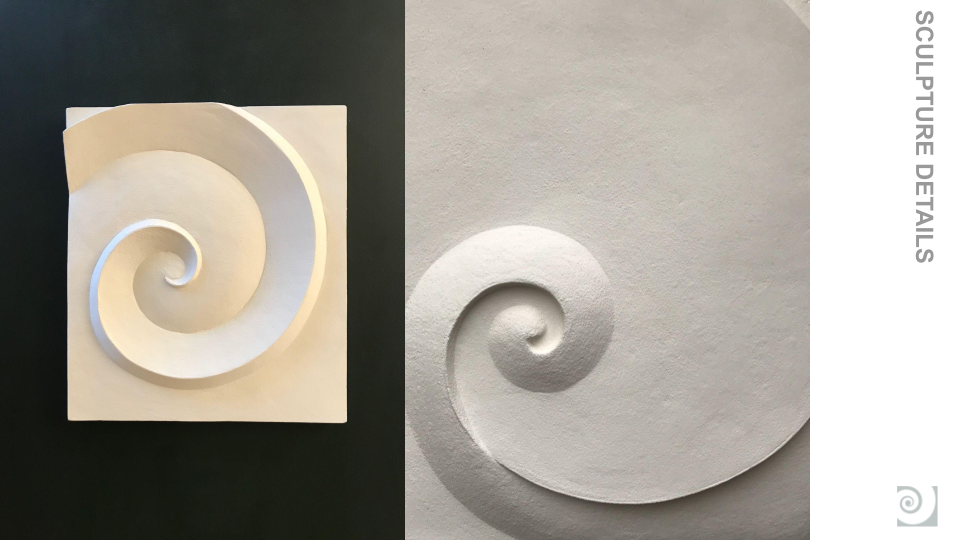 Close-up of sculptural relief with a spiral design, shown from two angles.
