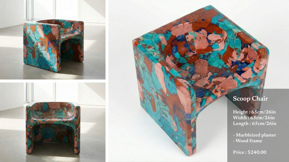 Marbled swirl scoop chair with wood frame, featuring blue, pink, and brown marbled patterns. It is shown from multiple angles, with specifications and price listed as 65cm high, wide, and long, priced at $240.
