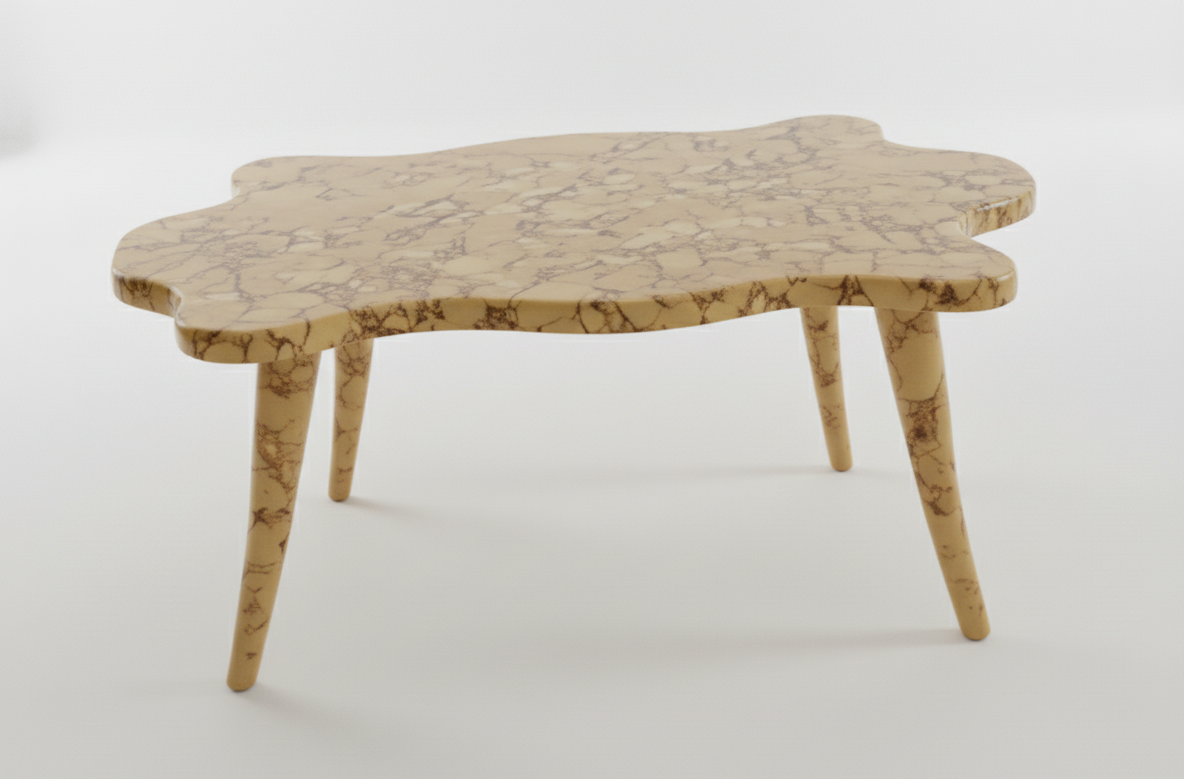 Small beige marble-like table with three angled legs.