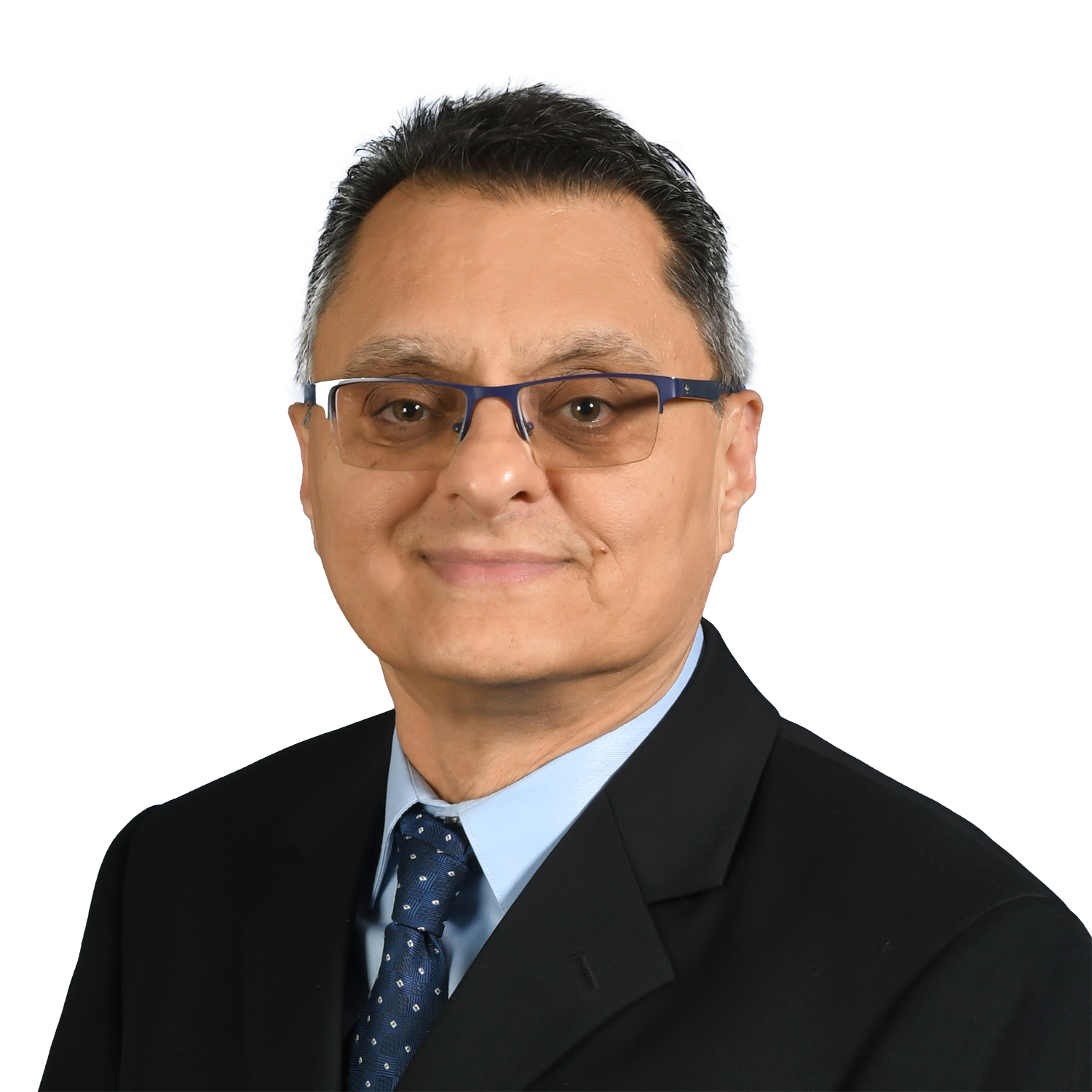 Professional portrait of a middle-aged man wearing glasses, a dark suit, a blue shirt, and a polka dot tie, smiling slightly.