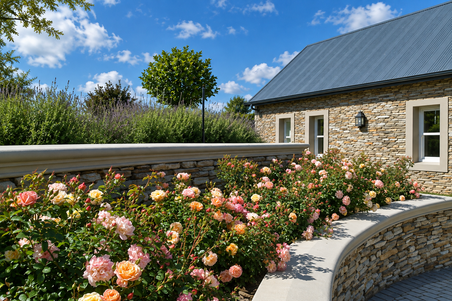 Stone house with a metal roof, surrounded by pink and peach blooming roses, with a cloudy blue sky overhead.