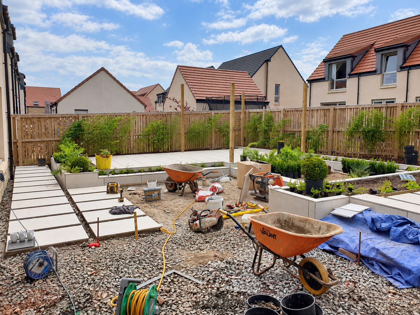 Backyard garden under construResidential garden landscaping project under construction with new pavingction with paving stones, wheelbarrows, tools, potted plants, and a wooden fence, with neighboring houses and a partly cloudy sky in the background.
