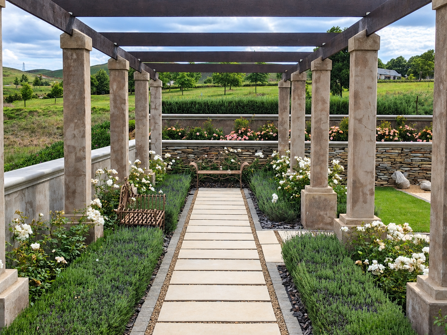 A garden pathway with a pergola over it, lined with green plants and white flowers on both sides, and a brown metal bench at the end, with a stone wall and outdoor landscape in the background.