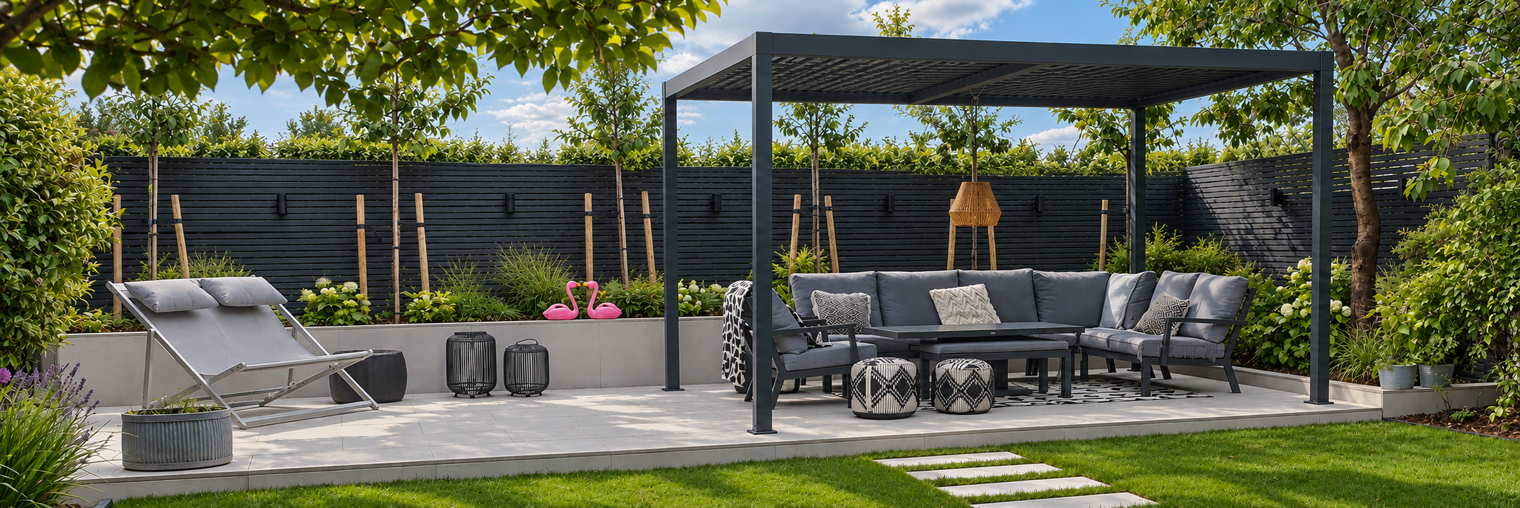 Landscaped garden with pergola, outdoor seating, ornamental planting and contemporary paving.