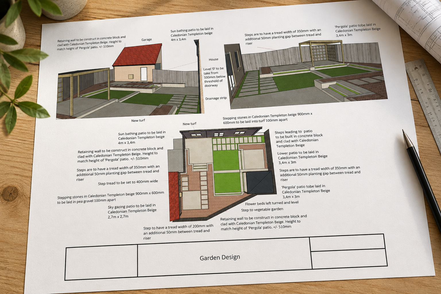 Detailed garden design and layout plan showing patios, pathways, retaining walls, planting beds and construction details.