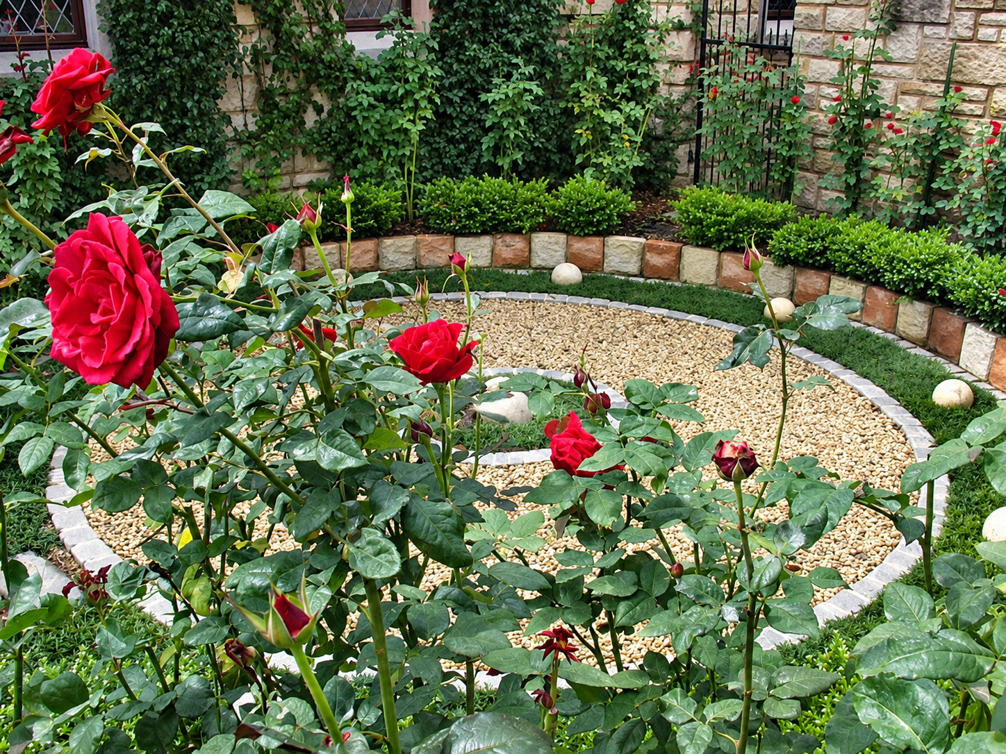 A circular garden bed with a gravel center surrounded by bricks, featured with blooming red roses and various green plants, with a brick wall and a window in the background.