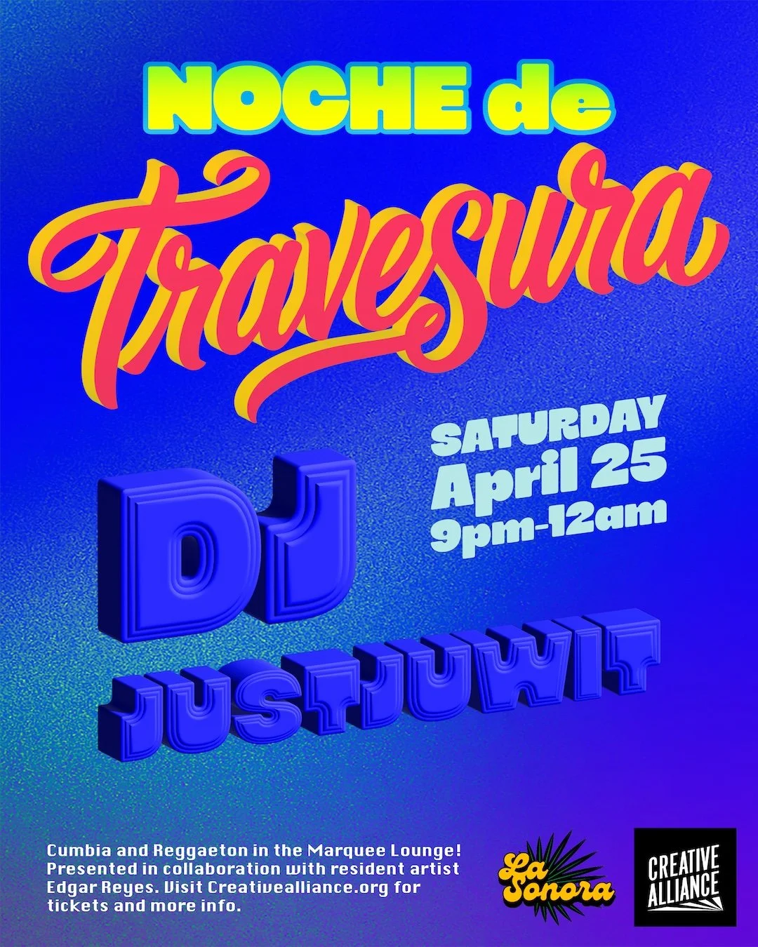 Event poster for 'Noche de Travesura' featuring DJ JUSTJUWIT
