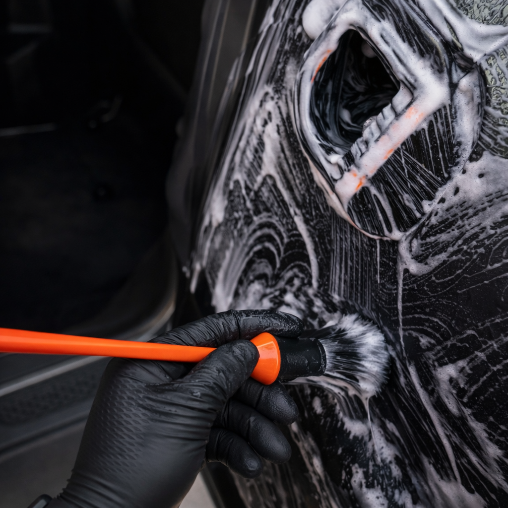 Hand in a black glove using a brush attached to an orange stick to apply soap or cleaning solution to a black car door during washing.