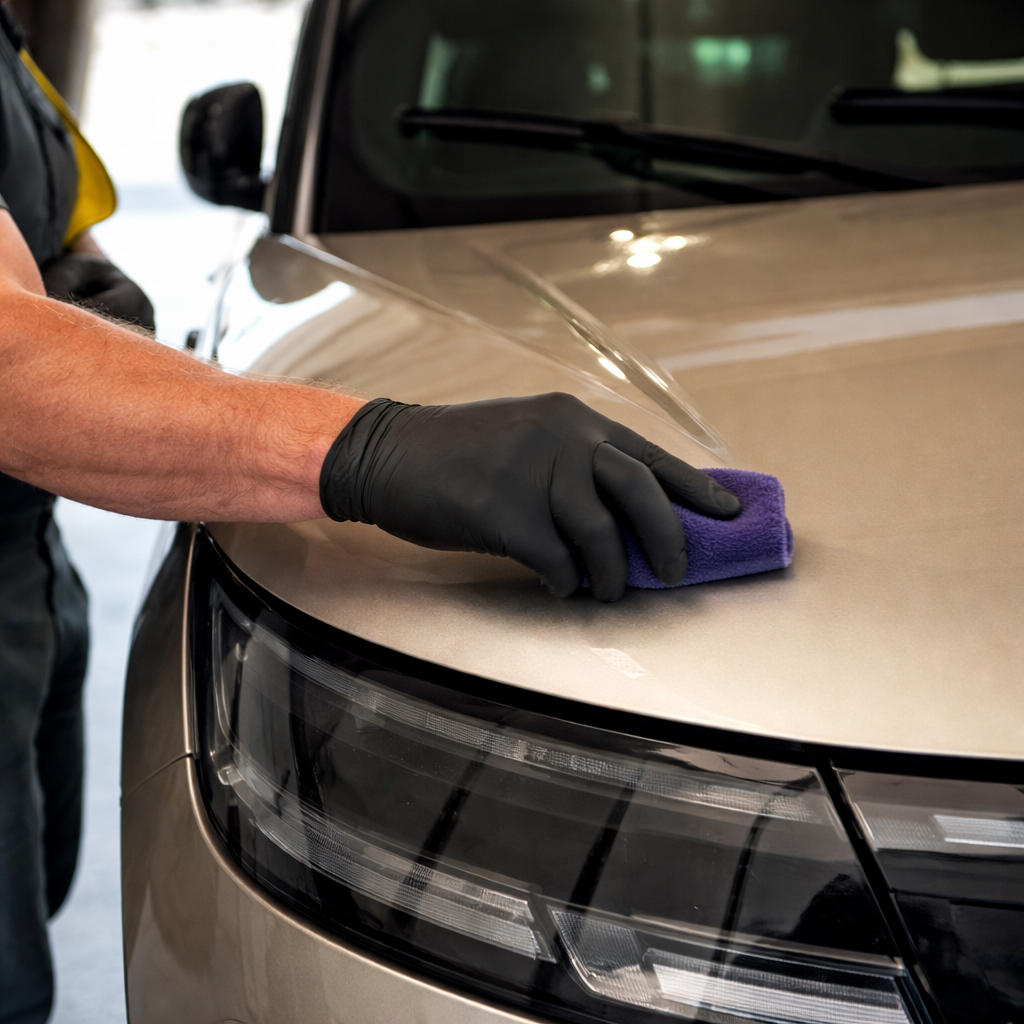 Person wearing black gloves polishing the hood of a beige car with a purple cloth.