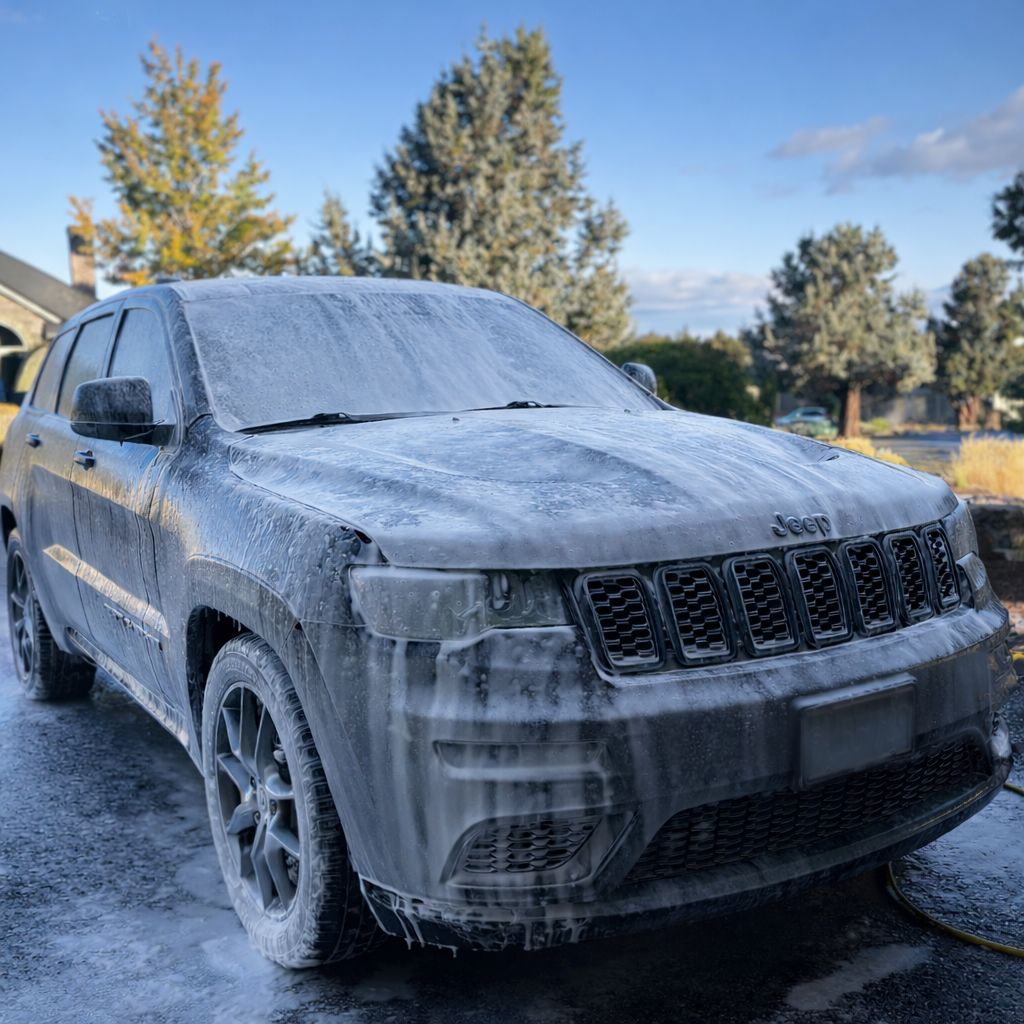 A black Jeep SUV covered in white soap suds during a car wash, with trees and houses in the background.