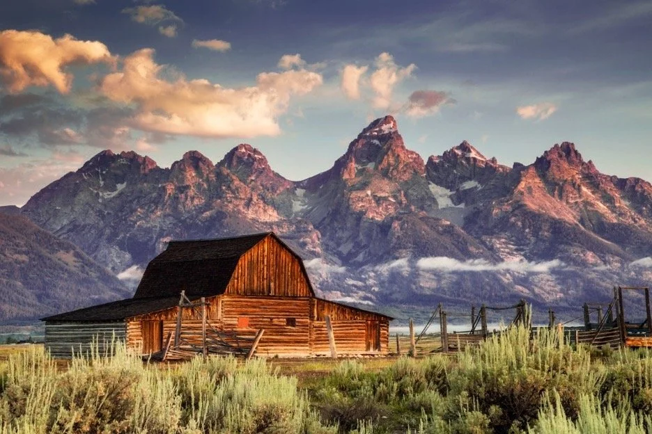  Grand Teton National Park looming over an old barn. 
