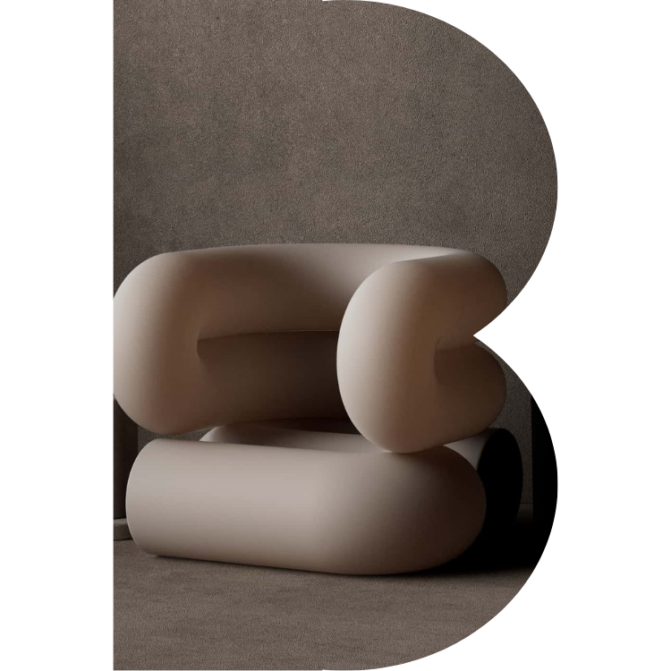 Photo in the shape of a capital B with a very modern, curved, beige chair in front of a concrete wall