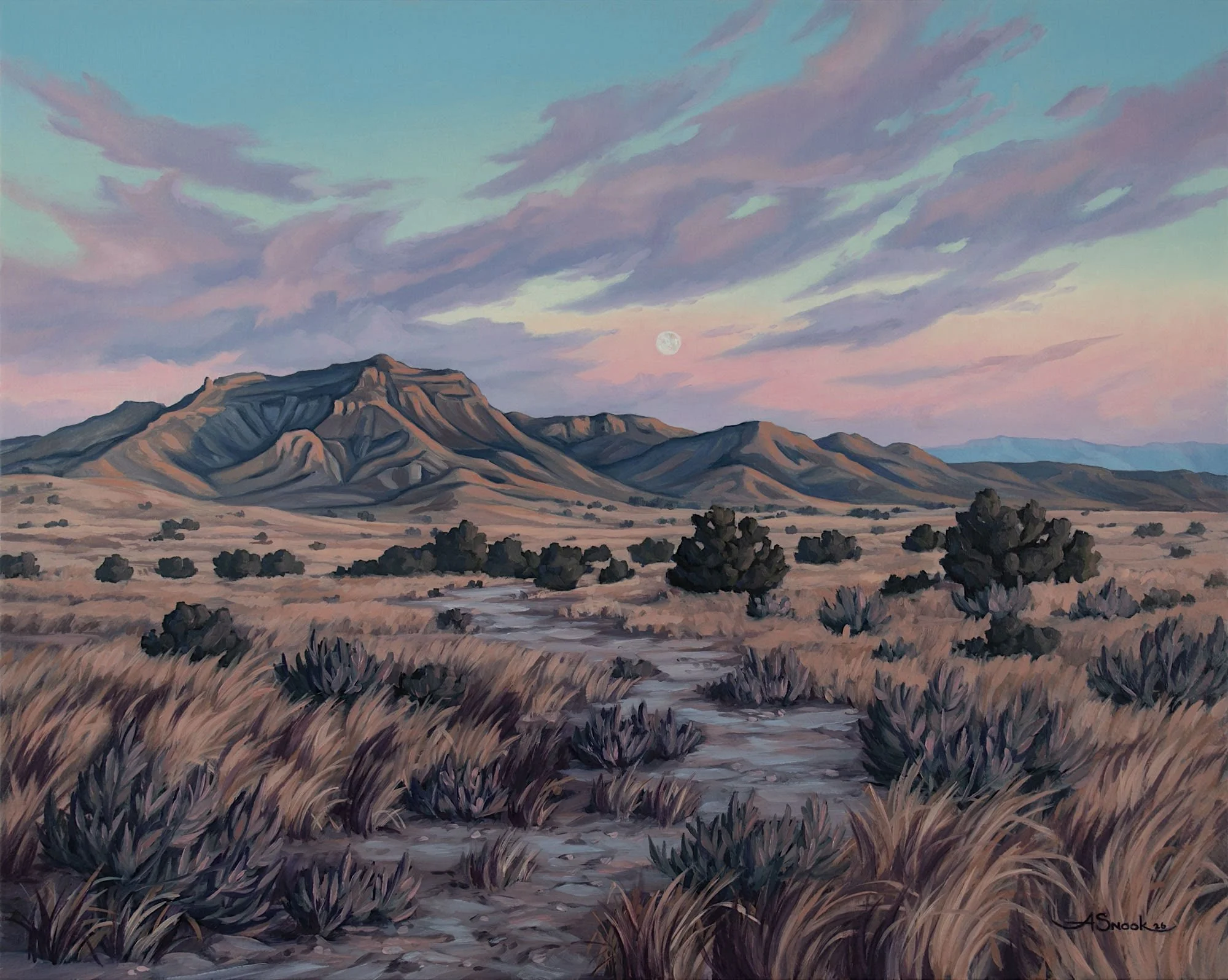 Aubree Snook, Long Gone Day, Western landscape painting depicting Wyoming mountains and sagebrush, at Contemporary Western Arts in Cody, Wyoming.