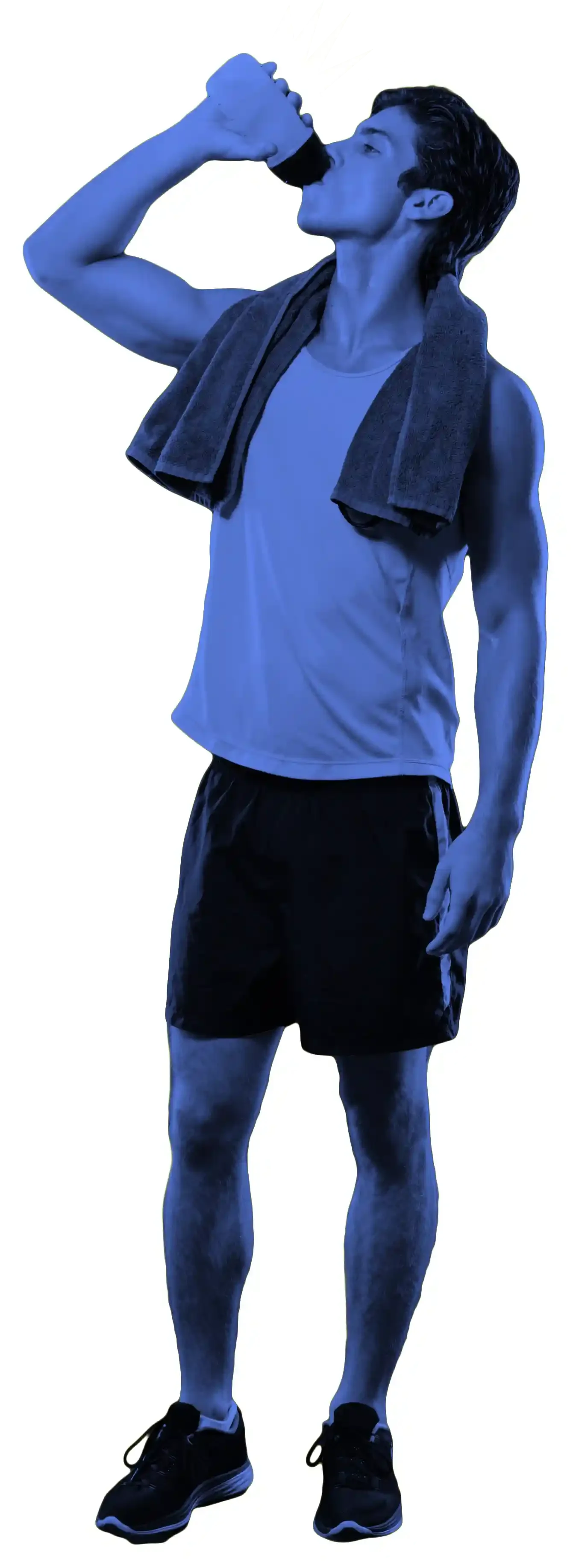 A man with a towel draped over his shoulders, wearing athletic clothes, drinking water from a bottle.