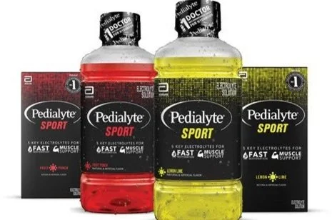 Two Pedialyte Sport products shown in bottle and powder form, with red on the left and yellow on the right.