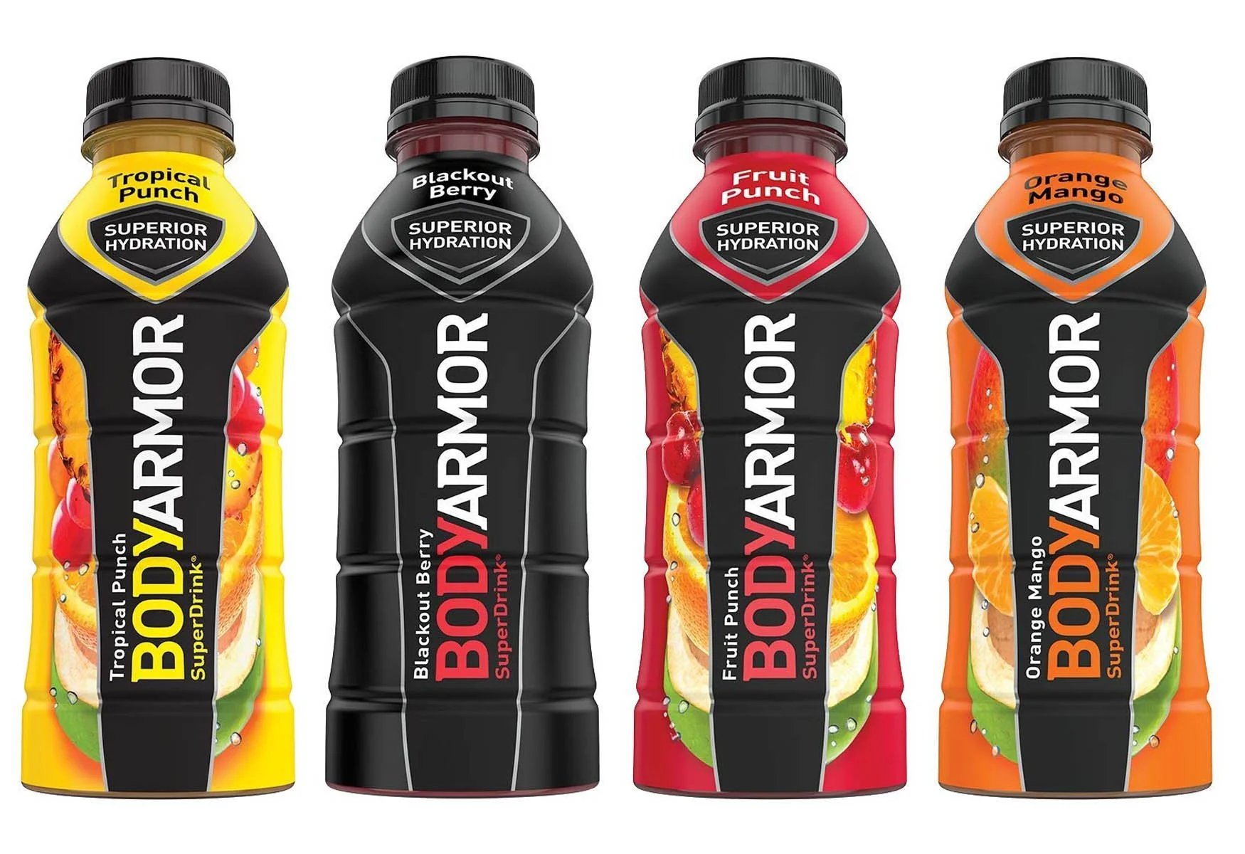 Four BODYARMOR sports drinks lined up featuring different tropical fruit flavors.