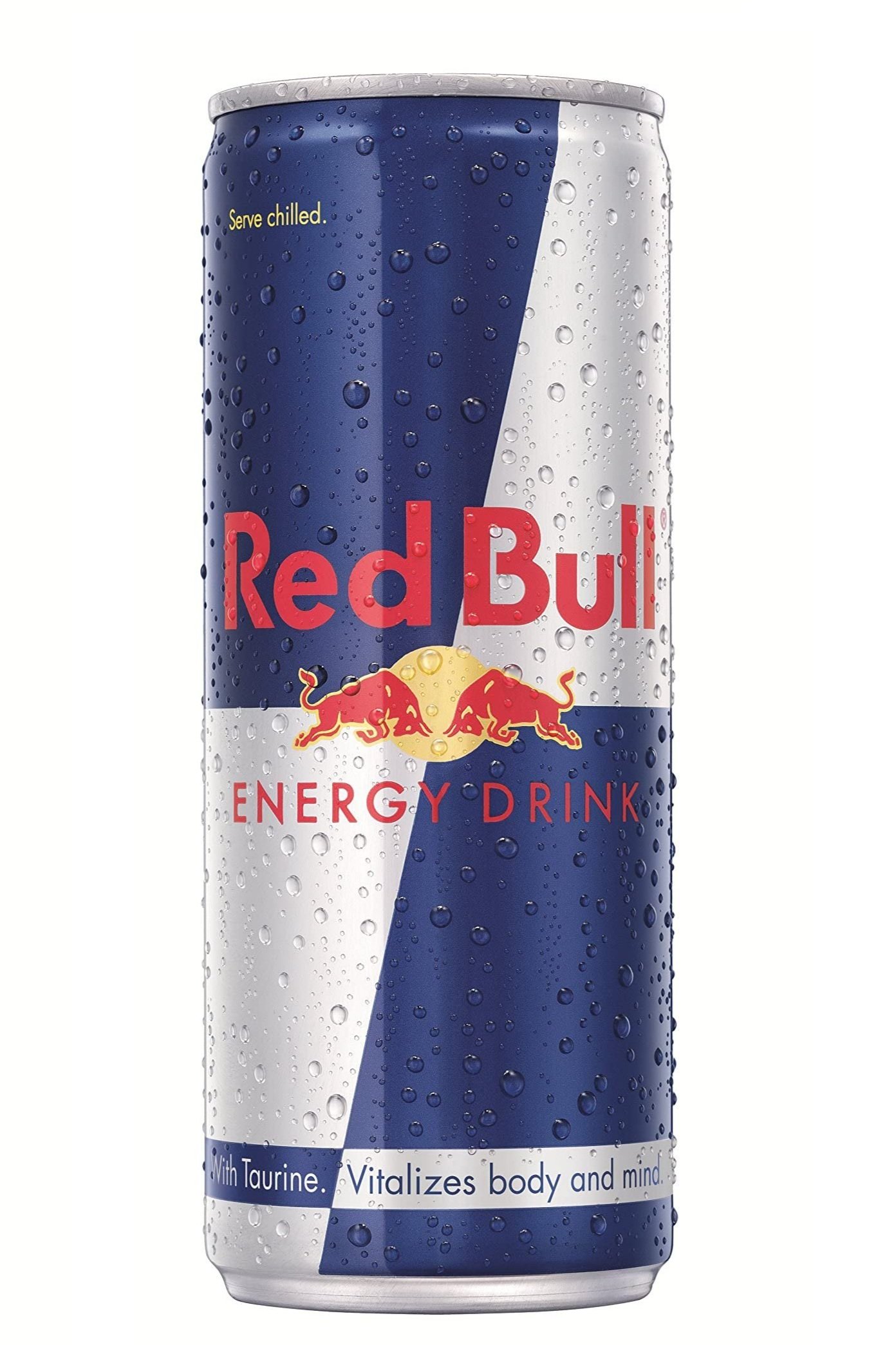 A can of Red Bull, an energizer drink. Has a silver and navy wrapping with a logo of two red bulls ramming into each other in the center, with pale yellow circle in the background.