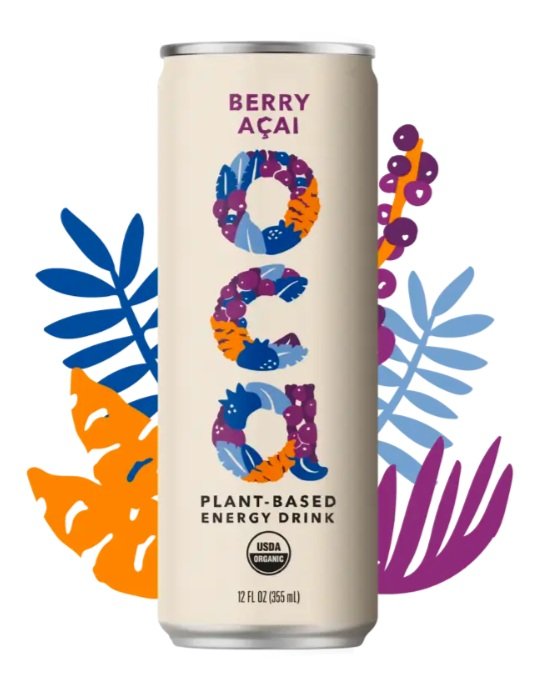 Cream-colored Oca Berry Açaí energy drink can featuring vertically stacked tropical-style branding with botanical accents, set against a colorful background with layered plant illustrations.