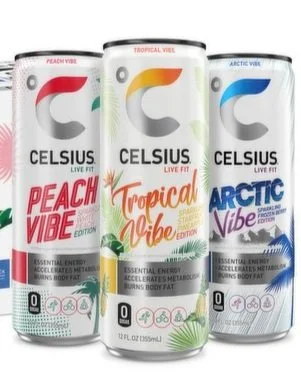 Three Celsius energy drink cans displayed side by side with the flavors Peach Vibe in pink, Tropical Vibe in orange, and Arctic vibe in blue color themes, representing different flavor variants.