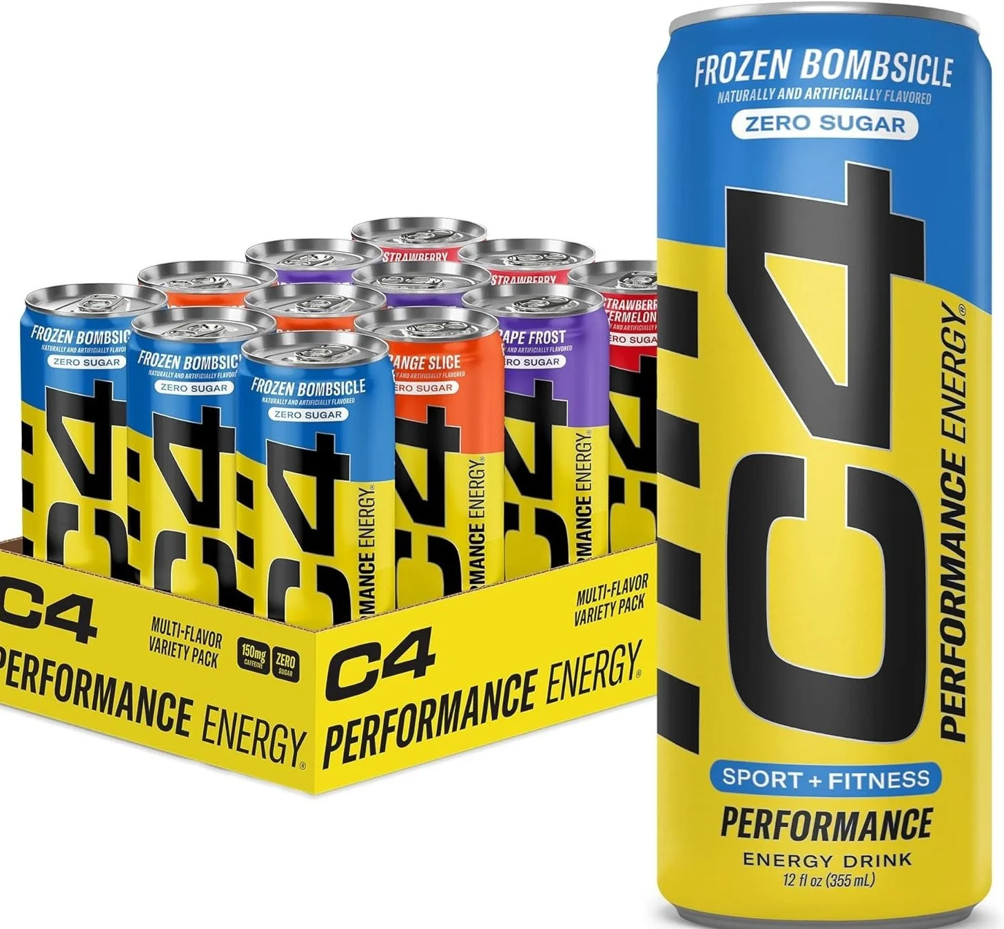 C4 energy drink cans with a predominantly yellow design and vertically centered C4 logo, one can positioned in the front right and a box of assorted flavor cans in the background, each differentiated by colored accents on top.