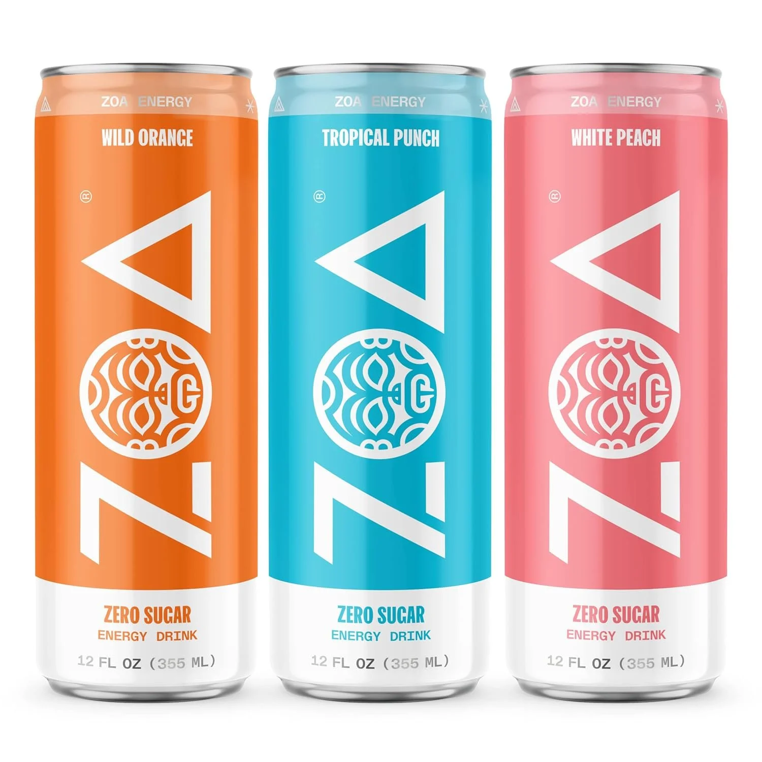 Three ZOA energy drink cans arranged from left to right: Wild Orange in orange, Tropical Punch in blue, and White Peach in pink. Each can features a vertically centered ZOA logo and clean, color-coded design indicating its flavor.