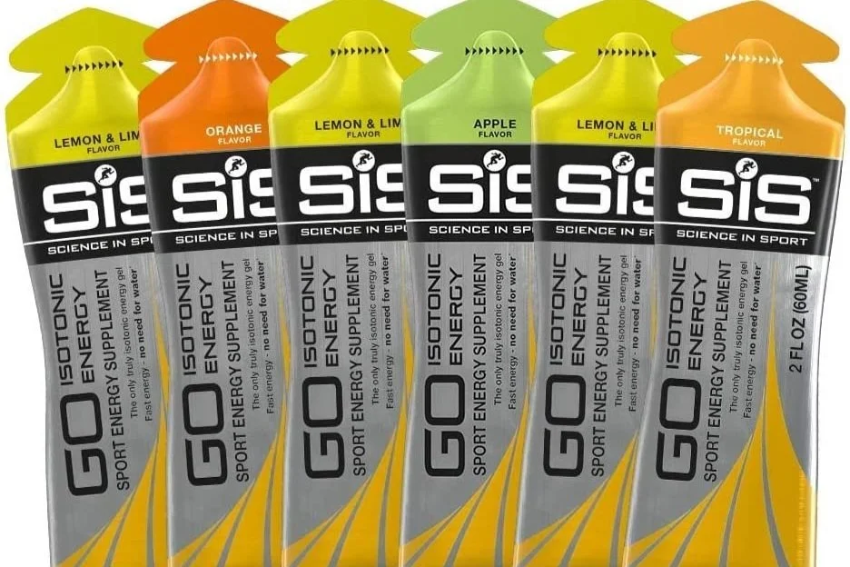 Six flavors of Science in Sport Energy Gels from left to right.