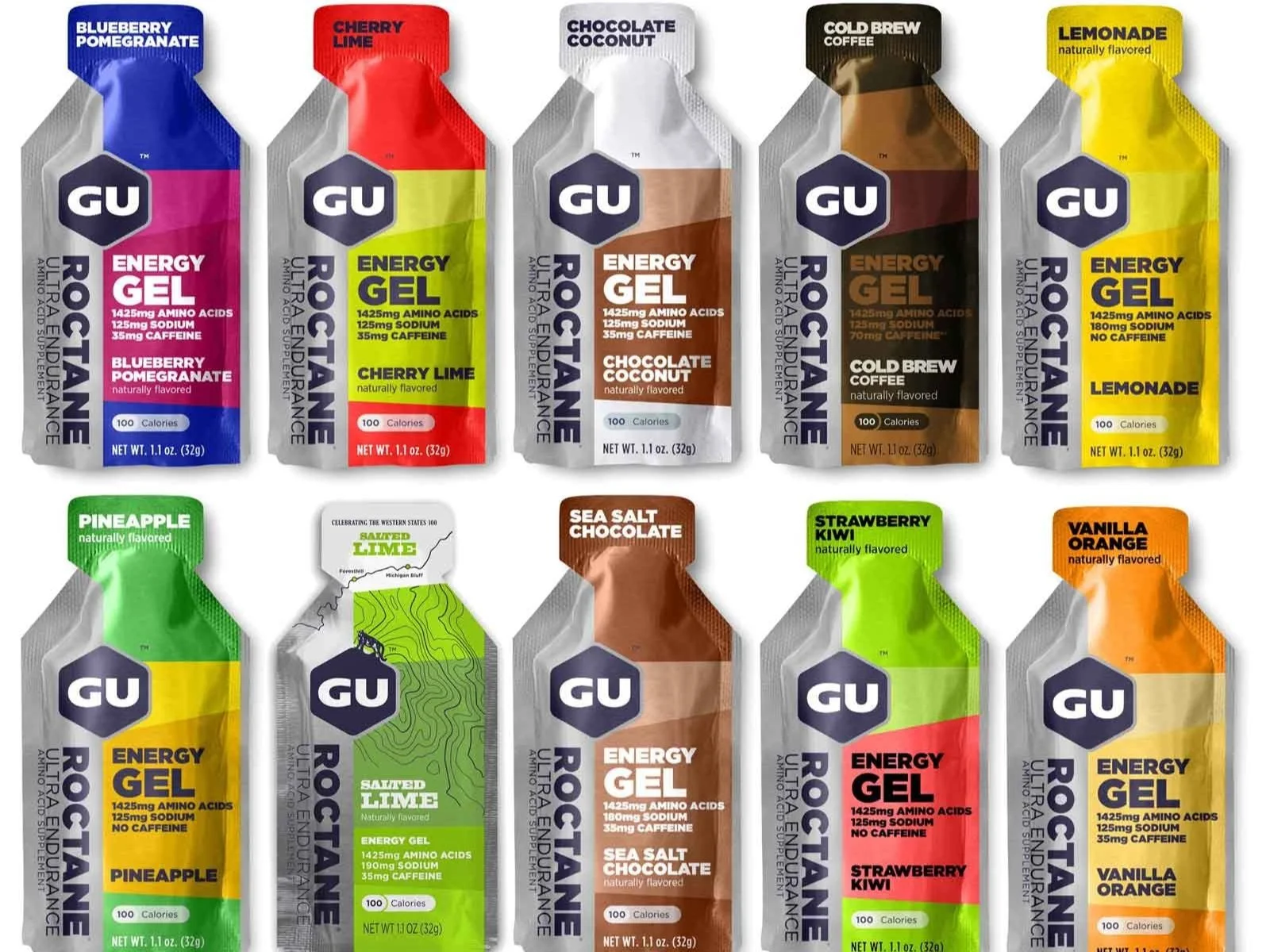10 variations of GU Energy Gels products in different flavors.