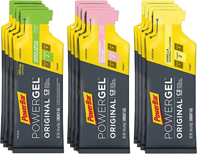 Three Powerbar Power Gel products.