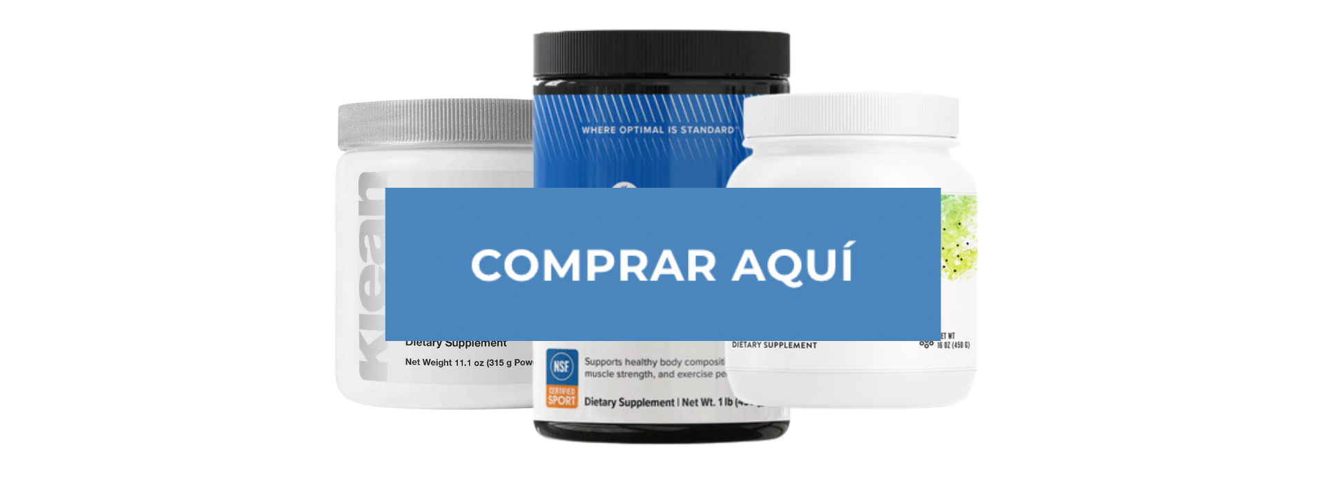 Three creatine supplement products with button in middle saying "BUY HERE".
