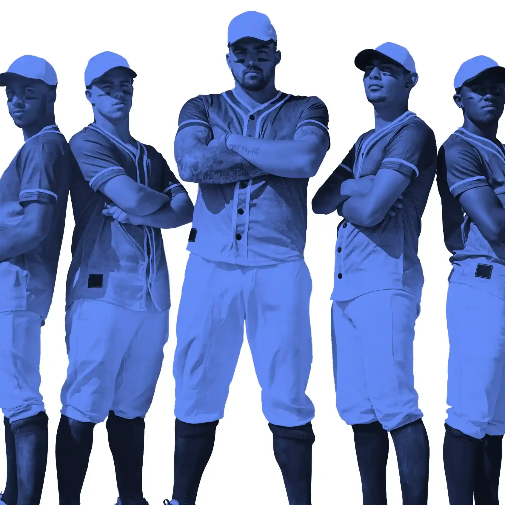 A group of five baseball players standing with arms crossed, wearing uniforms and caps, with a baseball bat held by one player on the far left.