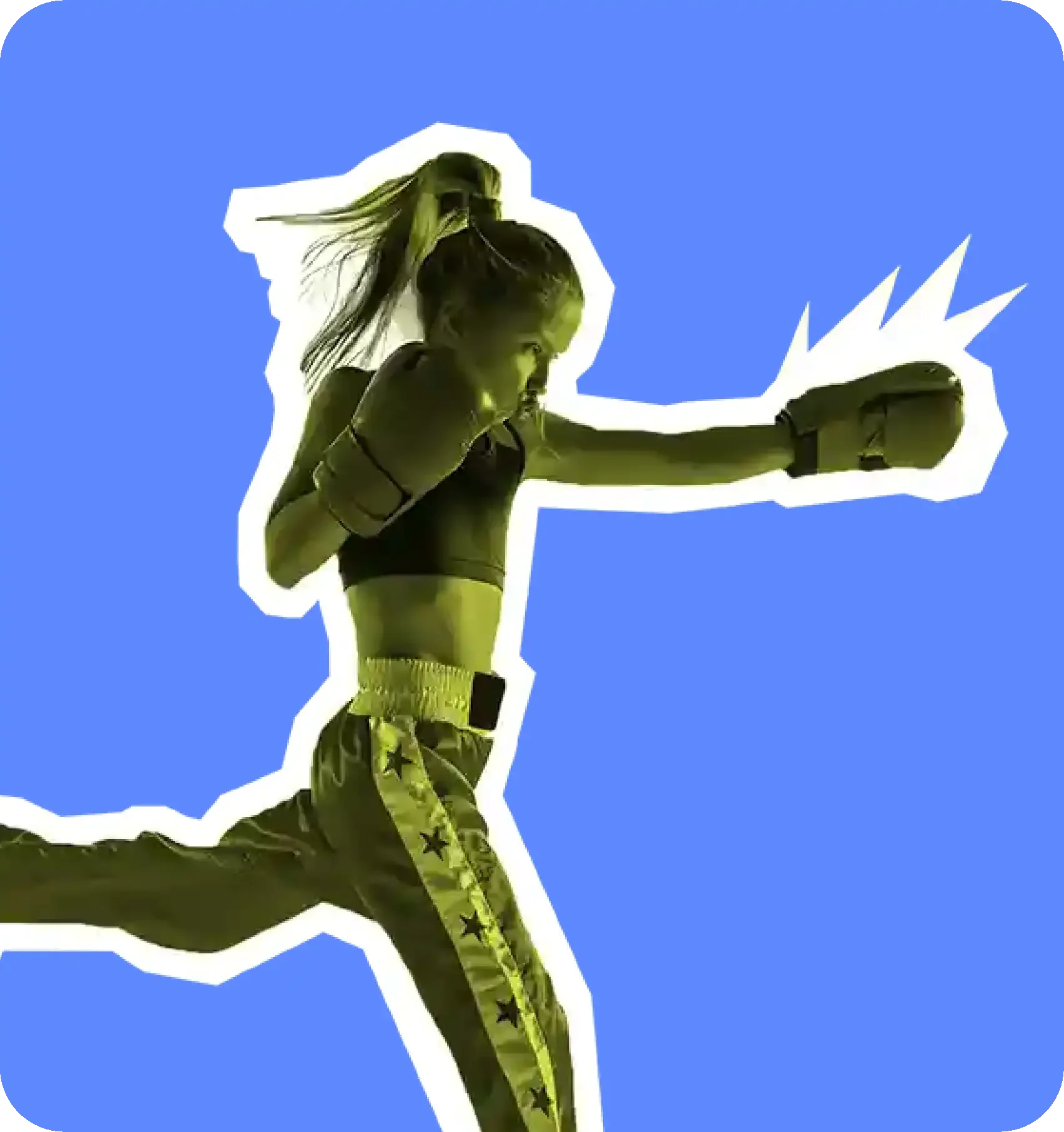 Young female athlete boxing on a blue background.
