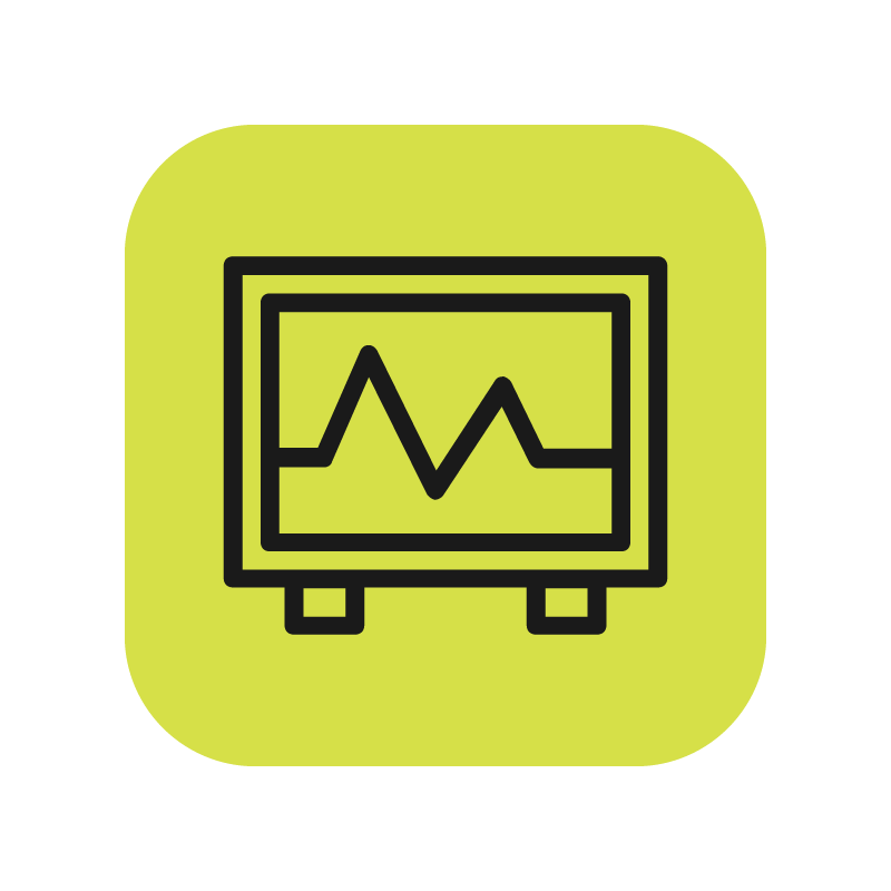 Icono de una pantalla de monitor mostrando un gráfico de líneas con picos y valles, en fondo verde con bordes redondeados.