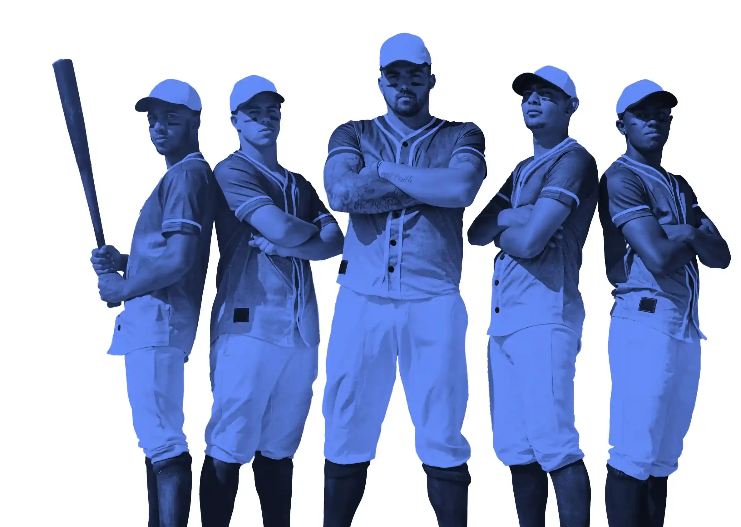 A group of five baseball players standing with arms crossed, wearing uniforms and caps, with a baseball bat held by one player on the far left.